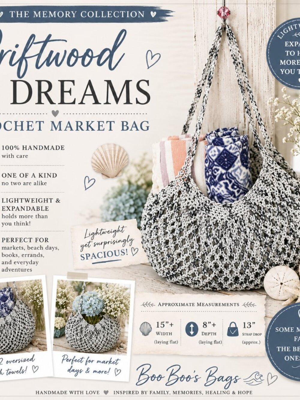 Driftwood & Dreams Crochet Tote Gray Marled Beach Market Bag Handmade